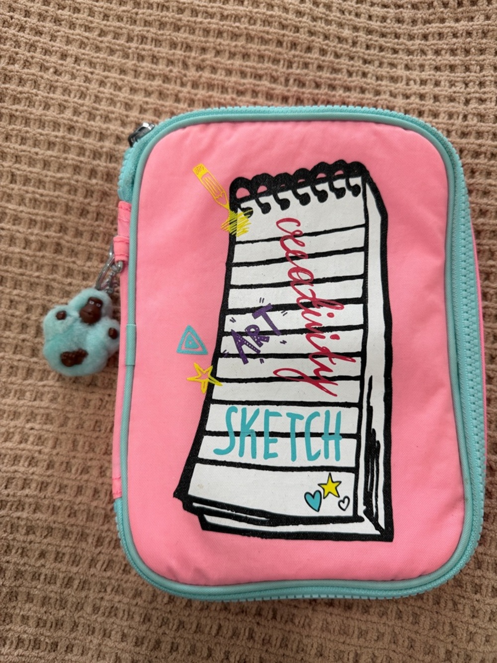 Kipling Pink Sketch Pencil Case with Aqua Trim and Pom-Pom Charm